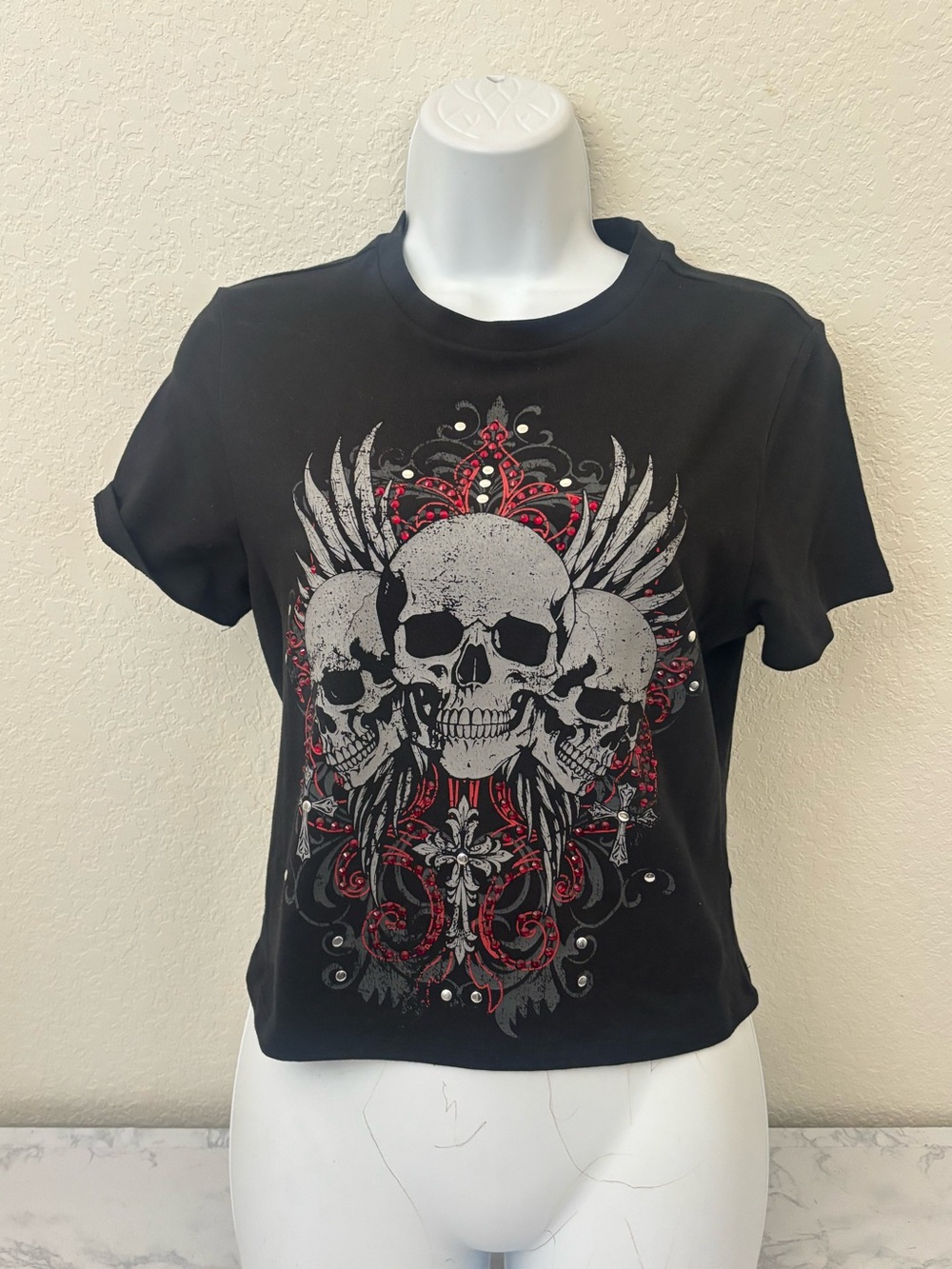 Social Collision Women's Goth Graphic Skull Skeleton T- Shirt M Studded Top